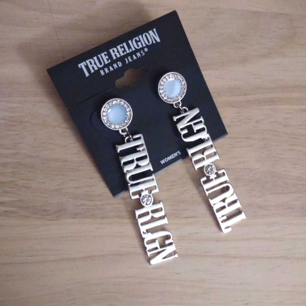 True Religion Silver Logo Blue Crystal Statement Earrings Y2k Retro